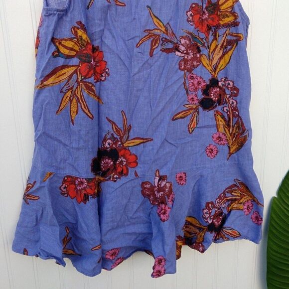 Free People Summer in Tulum Tunic Top Size S Blue Floral Linen Blend Flutter - Picture 5 of 9
